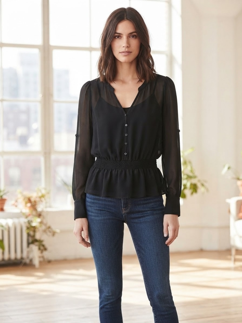 Vintage Zara TRF Black Sheer Chiffon Peplum Button-Down Blouse Size Small